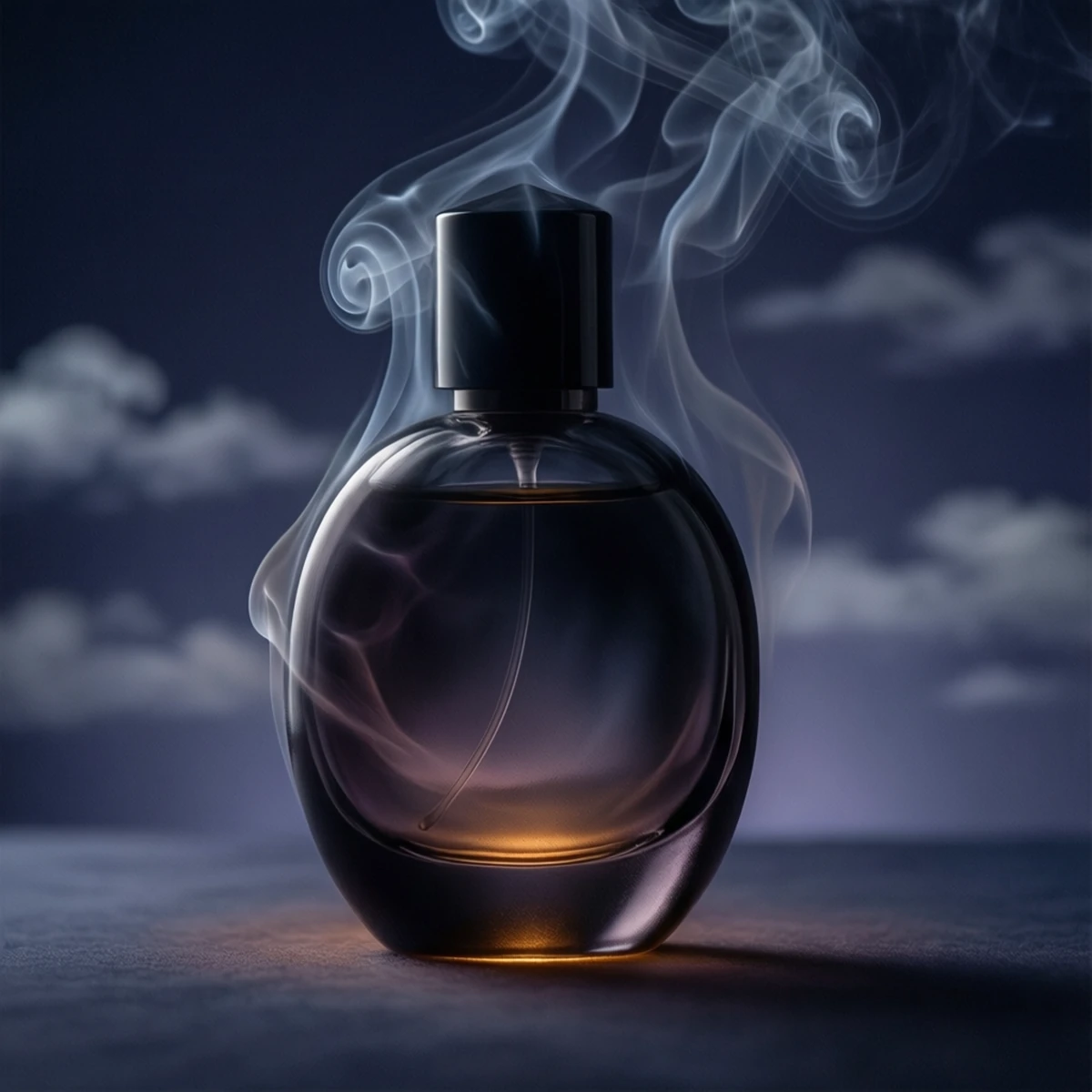Evening perfume bottle in dramatic dark mist