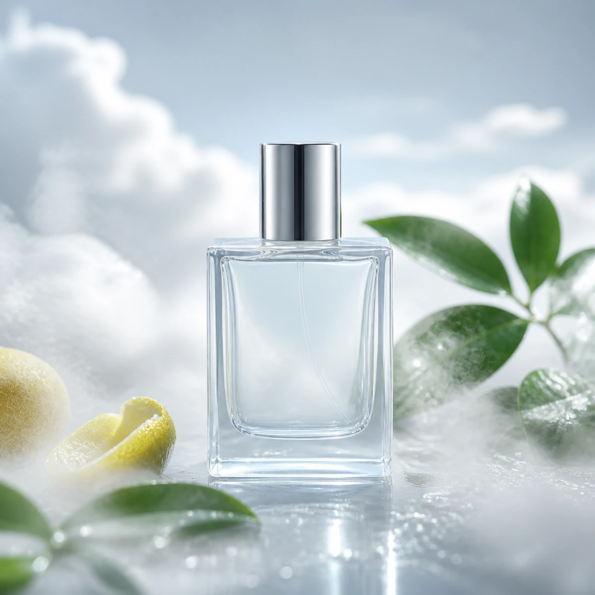 Fresh perfume bottle in luminous morning mist