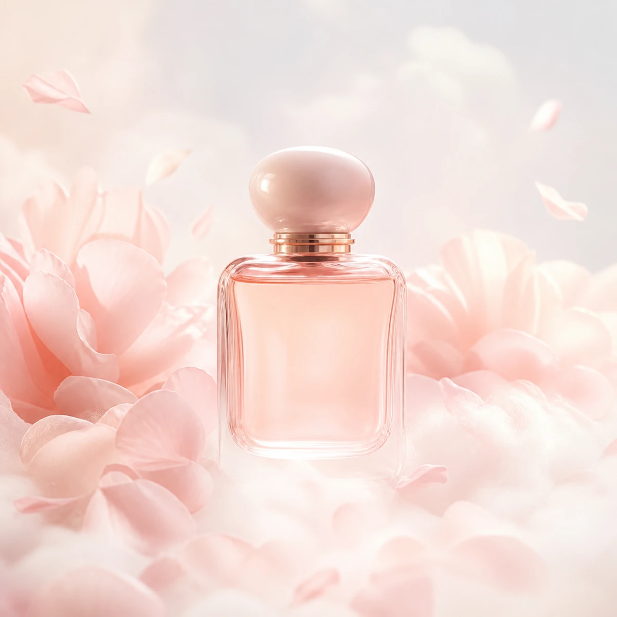 Floral perfume bottle among soft cloud petals