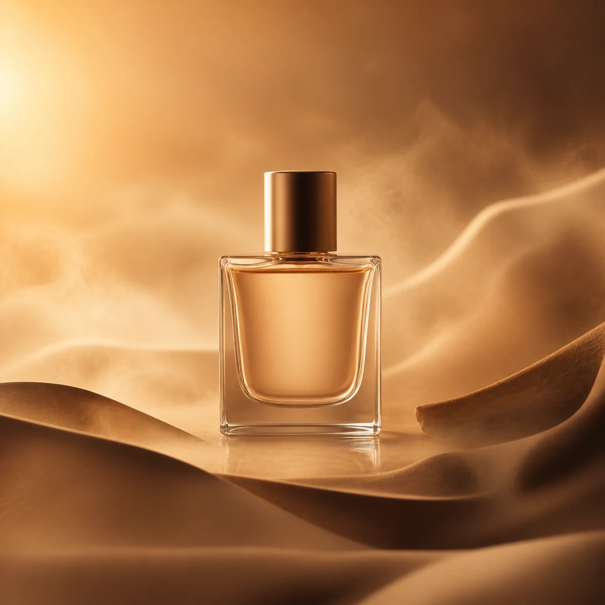Amber perfume bottle in warm golden mist